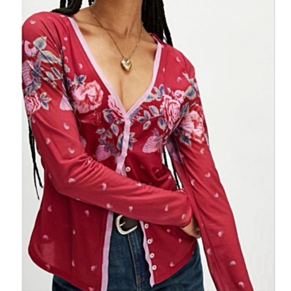 NWT Free People Home Grown Floral Strawberry Button Up Mesh Cardigan Size Small